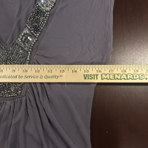 Y2K Beaded Embellishment Short Sleeve V-neck Dark Gray Top Draped sz S Party - Picture 5 of 8